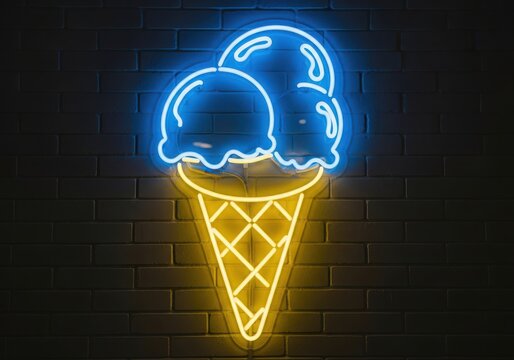 Neon ice cream cone with melting scoop glowing