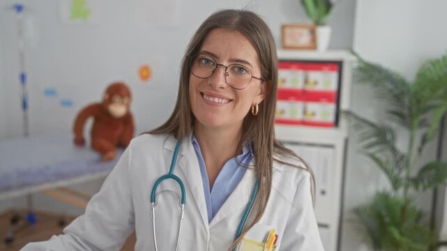 Woman doctor wearing glasses and white coat smiling with stethoscope by pediatric exam bed and toy monkey in clinic building; reassuring warmth.