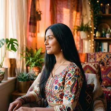 Young woman in traditional embroidered dress sitting in cozy boho interior