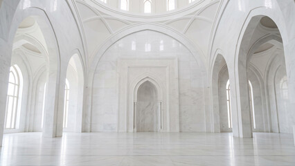 Fototapeta premium Minimalist white marble mosque interior featuring soaring arches, soft natural lighting, and peaceful architectural harmony.