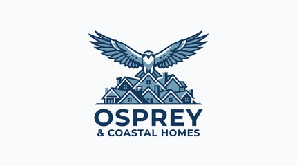 Naklejka premium Professional Osprey Bird Mascot Logo Design Above Coastal Houses for Real Estate and Property Brand