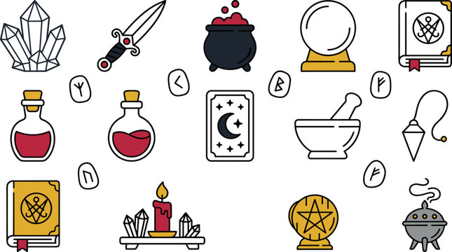 Set of magic and witchcraft icons, occult symbols, mystical elements for divination, alchemy and sorcery, vector illustration