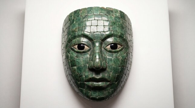 An Ancient Mesoamerican Jade Mosaic Mask Displayed Centrally Against A Clean White Studio Background.