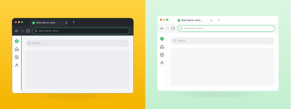 browser window frame in dark and light mode. blank webpage layout with address bar and tabs. empty desktop screen template pair. yellow and green background presentation
