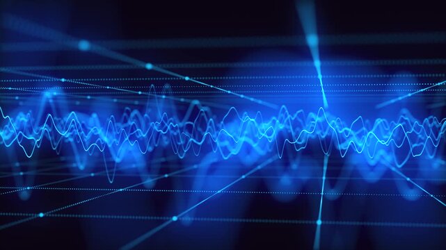 An abstract animation of digital signals and wave processes depicts the dynamics of data transmission. Glowing blue lines form a complex spectrum of oscillations, a diagram symbolizing communication, 