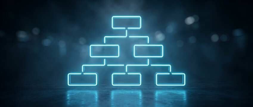 Glowing blue neon organization chart floating over a dark reflective surface