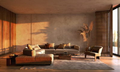 Taupe sectional in a warm minimalist living room with wood slat shutters © Viktoria Kovalchuk