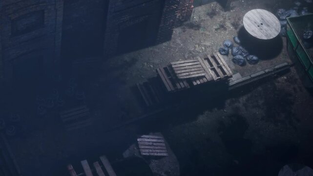 In a narrow city alley, wooden crates are scattered on the ground. Shadows fall over the bricks. Sunlight shines, creating a contrast between light and dark areas.