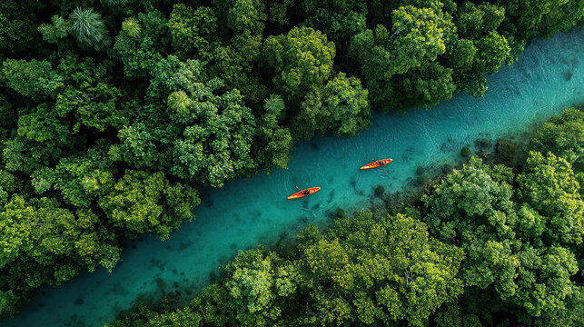 Aerial river view showing winding watercourse and small kayaks paddling from above perspective