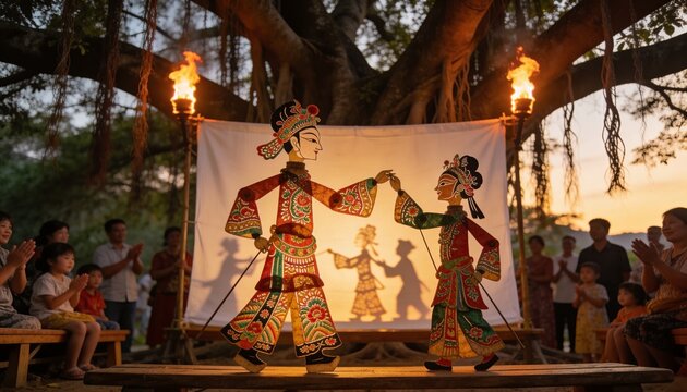 Traditional puppet dance performance under banyan tree at dusk. Intricate costumes, shadow play
