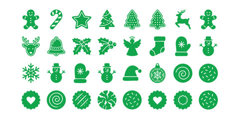 Set of green christmas icons and holiday symbol silhouettes with christmas silhouette snowflake ornament reindeer celebration decoration seasonal collection december greeting isolated © Suriya