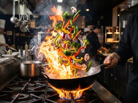 professional chef stir frying fresh vegetables in a wok with dynamic flames in a commercial restaurant kitchen