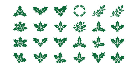 Set of green holly leaf and berry icons for christmas design with christmas decoration collection seasonal celebration ornament botanical isolated minimalist template creative traditional © Suriya