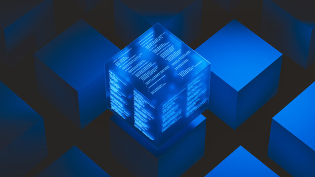 Glowing technology data cube displaying code and data in a dark space