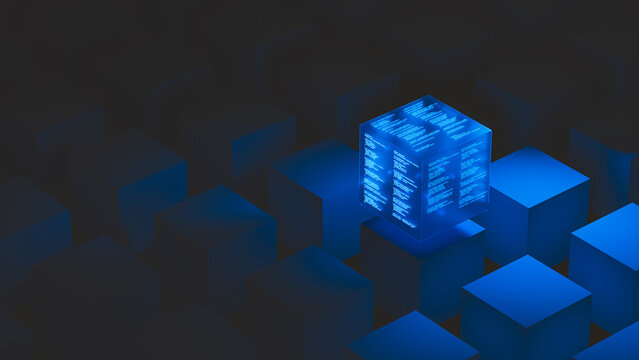 Glowing technology data cube displaying code and data in a dark space