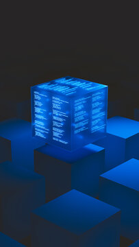 Glowing technology data cube displaying code and data in a dark space