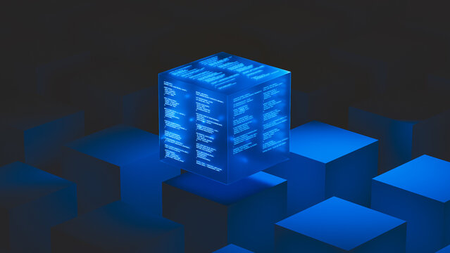 Glowing technology data cube displaying code and data in a dark space