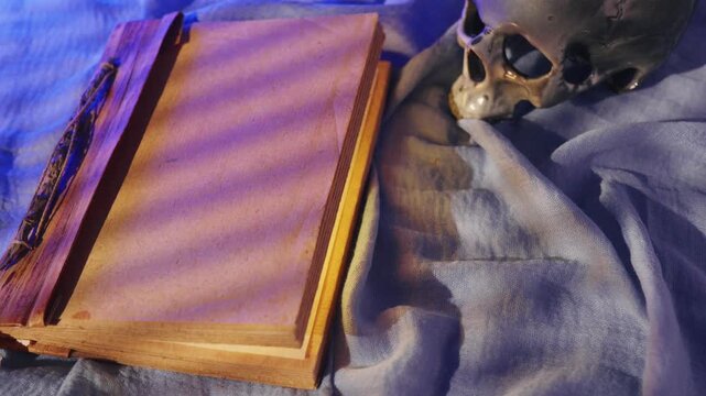 Vintage journal and skull scene. Ancient diary and skull highlighted by soft purple and textured linen backdrop