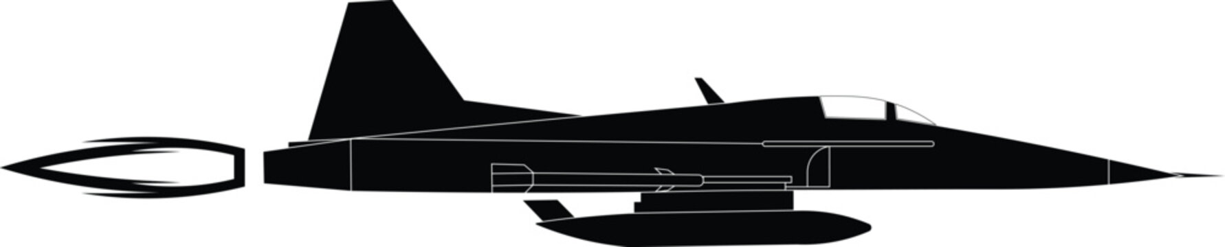 Side view black silhouette vector of a Northrop F-5E Tiger II jet with an afterburner flame trail.