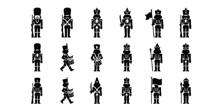 Black silhouette icons of traditional wooden nutcracker soldiers with nutcracker christmas silhouette tradition decoration character collection isolated childhood military marching standing