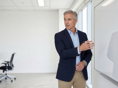 Business professional gives a presentation in a bright office setting during daytime hours