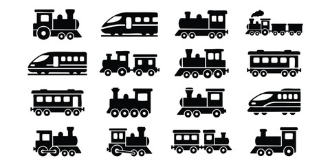 Train and locomotive vehicle icons in black silhouette collection with locomotive transportation transport silhouette collection isolated railroad movement technology logistics shipping © Suriya