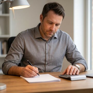 Man working at a desk with a calculator and writing notes in an office setting during daytime
