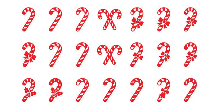Collection of festive red candy cane icons with christmas seasonal celebration decoration silhouette isolated peppermint collection candycanes wintertime greetings winterholiday decorative