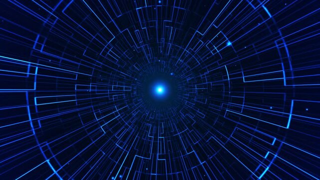 A flight through a digital tunnel of glowing blue lines rushes toward a bright center, creating a sense of infinite depth and high-speed information transfer. Conceptually, it explores cybersecurity, 