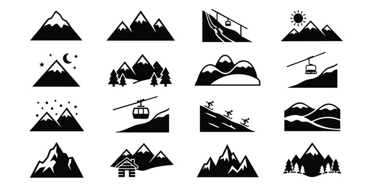 Black mountain landscape and ski resort icons with mountain landscape silhouette adventure climbing isolated minimalist vacation recreation altitude environment