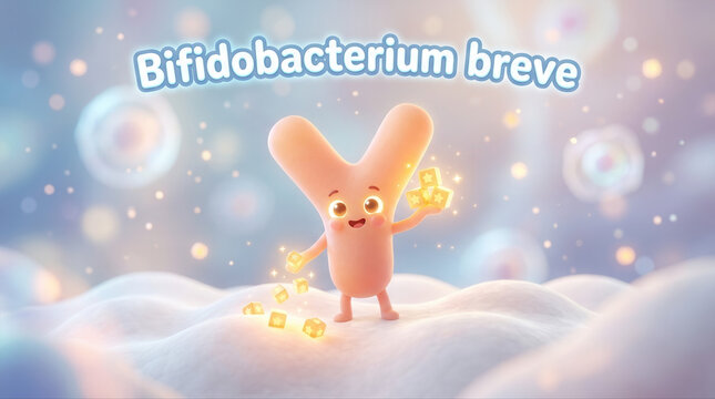 Cute animated character representing bifidobacterium breve with sparkling stars in a colorful microbial world