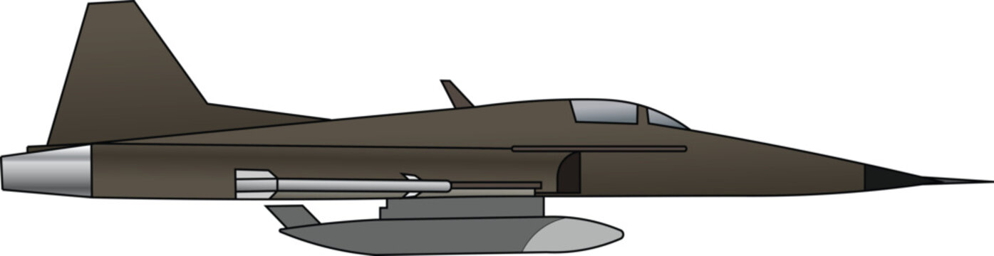 Side profile vector illustration of a Northrop F-5E Tiger II supersonic jet fighter with external fuel tank.