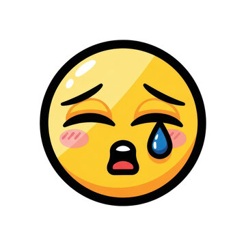 Yellow emoji face crying with blue tears and blush cheeks, sad expression, isolation on transparent background.