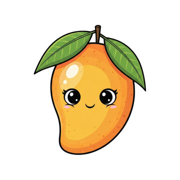 Cute cartoon mango character with a happy face on white background.