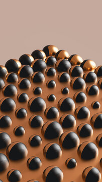Metallic sphere and cube shapes create an abstract background scene
