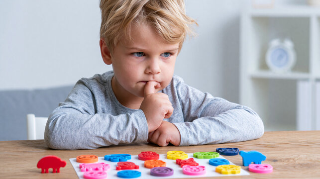 Child playing a memory matching game at a family table showing concentration and learning development at home