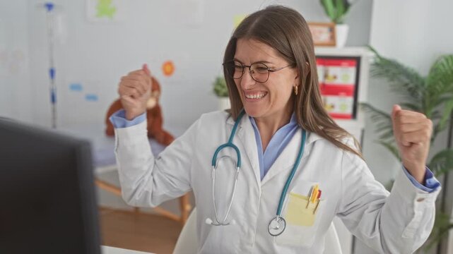 Woman doctor with stethoscope cheering and clapping at computer in clinic; joy telemedicine success.