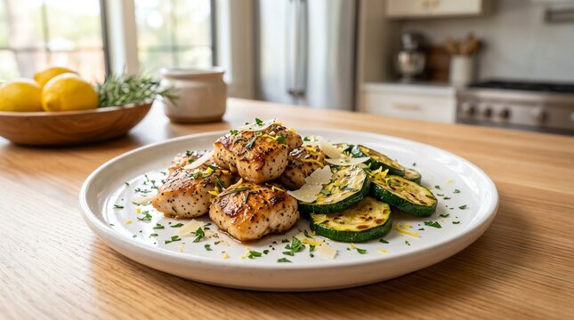Grilled Lemon Herb Chicken with Zucchini on Healthy Dinner Plate