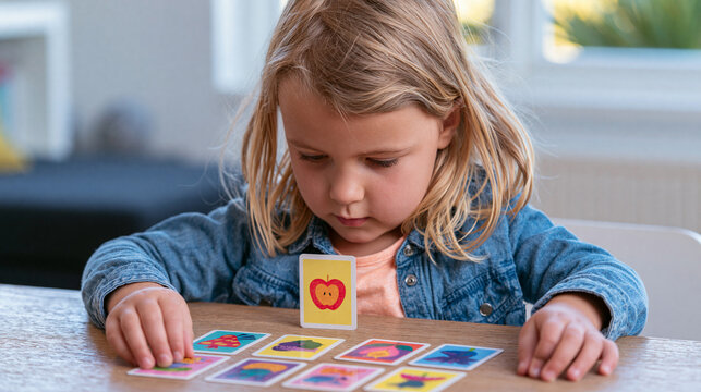 School-age child playing a memory matching game at a family table indoors with focused concentration showing memory development and learning