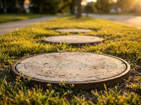 View of manhole covers on a grassy sidewalk during sunset in a suburban area