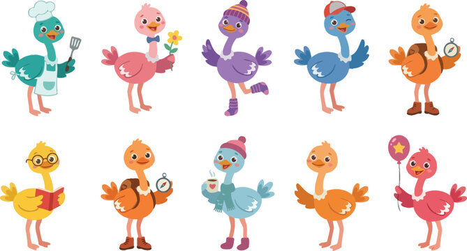 Set of cute cartoon ostrich characters engaged in daily activities and hobbies for kids educational illustrations