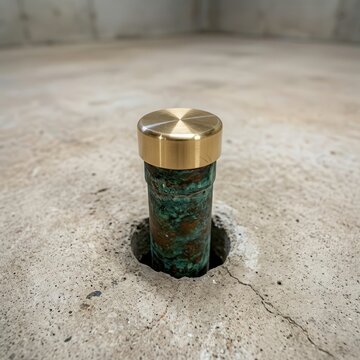 Water pipe with a brass cap seen in a hole on a concrete floor in a construction site