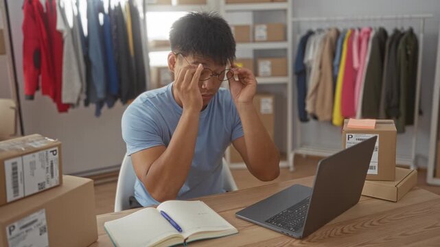 Man rubbing bridge of nose and removing glasses by laptop amid shipping boxes in a studio; small business fatigue.