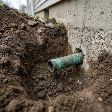 Construction work shows a pipe extending from a foundation wall in a trench during a home renovation project