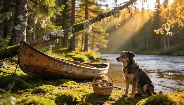 Old wooden canoe and attentive dog beside a sunlit riverbank on a mossy shore at golden hour