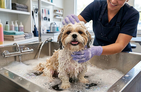 Dog bath at a grooming salon
