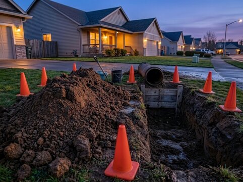 Construction site in a residential area with an open excavation at dusk