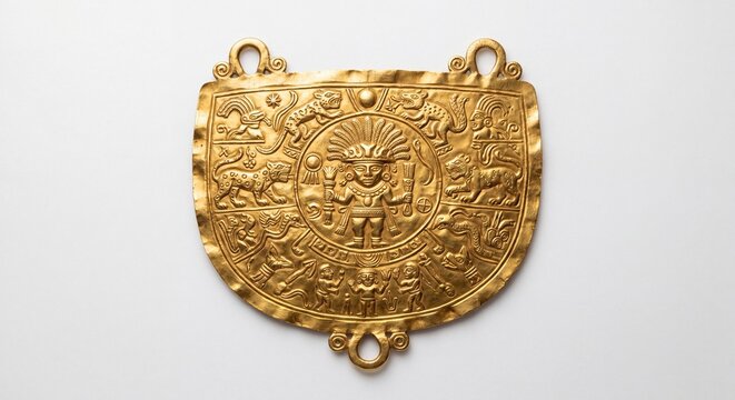 Ancient Pre-Columbian Gold Pectoral Ornament Featuring Intricate Embossed Deity and Animal Figures.