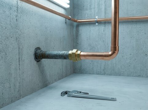 Pipes and a wrench in a utility room during daylight