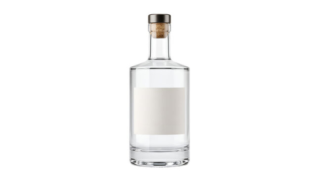 Clear glass bottle with blank label and cork stopper for alcohol